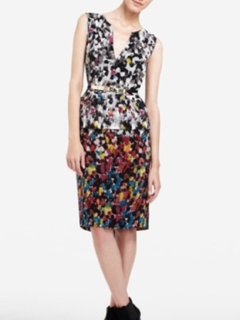 BCBGMaxAzria Size 2 Multicolored silk peplum deep V neck high-low hemline dress